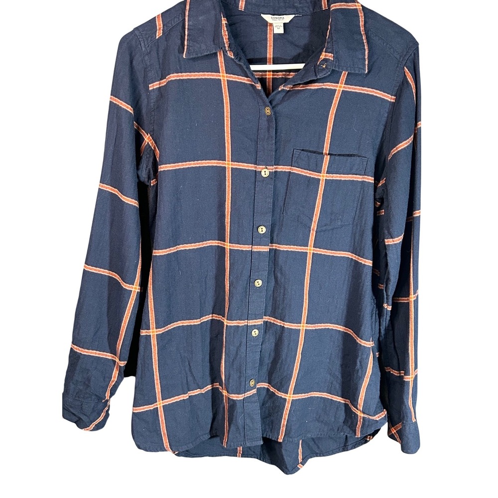 Navy‎ Windowpane Plan Button Down Shirt Soft Cozy Fall Medium.